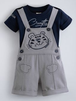 Hopscotch - Grey 2-Pc Kitty Embroidery Cotton Dunagree Set