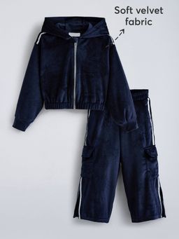 Hopscotch - Navy Blue 2-Pc Lace Striped Hooded Pant Set