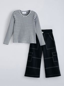 Hopscotch - Black 2-Pc Striped T-Shirt And Pant Set