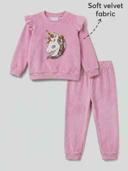 Hopscotch - Pink 2-Pc Velvet Unicorn Joggers Set
