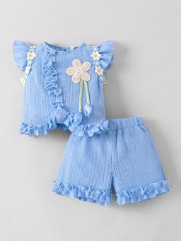Hopscotch - Blue 2-Pc Ruffled Floral Applique Short Set