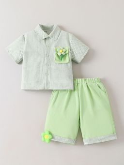 Hopscotch - Green 2-Pc Floral Pocket Applique Short Set