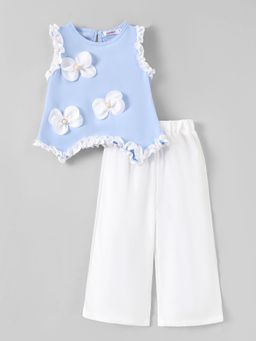 Hopscotch - Blue 2-Pc Floral Applique Ruffled Pant Set