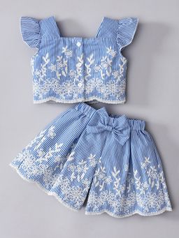 Hopscotch - Blue 2-Pc Floral Embroidery Striped Short Set