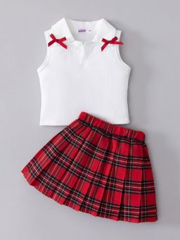 Hopscotch - White 2-Pc Bow Applique Collared Skirt Set