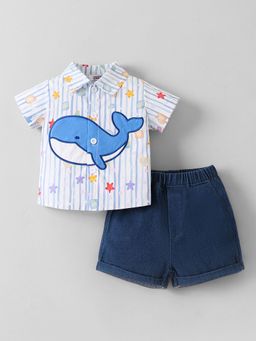 Hopscotch - White Whale Embroidered Shirt And Shorts