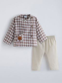 Hopscotch - Brown 2-Pc Checkered Teddy Chenille Embroidery Pant Set