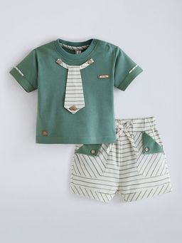 Hopscotch - Green 2-Pc Striped Bow Applique Cotton Short Set