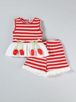 Hopscotch - Red 2-Pc Tulip Applique Striped Short Set