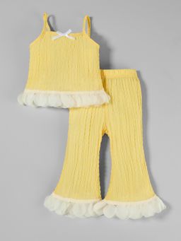 Hopscotch - Yellow 2-Pc Textured Bow Applique Ruffled Pant Set
