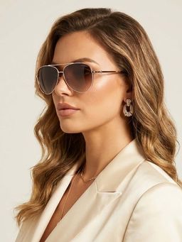 Guess - Women Full UV Protected Metal Full Rim Pilot Brown Lens Sunglasses (62)