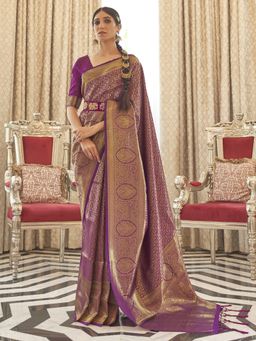 Akhilam - Women Silk Blend Purple Woven Design Handloom Saree with Blouse Piece
