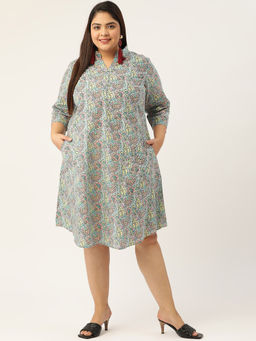 theRebelinme - Plus Size Womens Grey & Pink Printed Cotton A-line Dress
