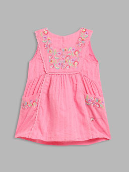 Blue Giraffe - Girls Pink Embroidered Dress