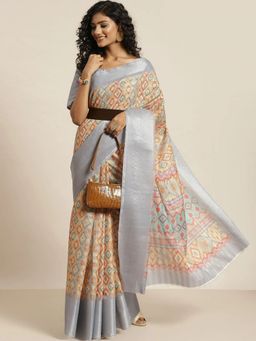Odette - Women Grey Silk Blend Printed Saree with Unstitched Blouse