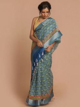 Indethnic - Banarasi Blue Printed Party Wear Saree With Unstitched Blouse