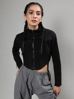 Campus Sutra - Womens Midnight Black Zip - Front Boning Crop Hoodie