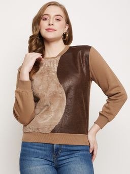 Madame - Brown Fleece and Faux Leather Colorblock Sweatshirt