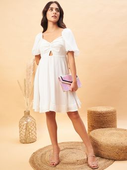 Magre - White Front Twisted Self Design Dress