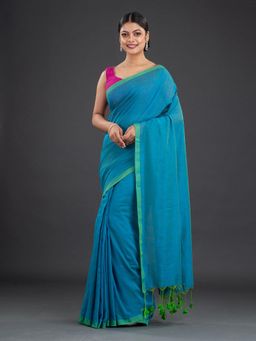 Arhi - Blue Pure Cotton Handwoven Soft Dual Tone Saree with Unstitched Blouse