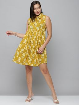 SHOWOFF - Womens Shirt Collar Yellow A-line Printed Dress