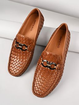 Imperio - By Regal Tan Mens Woven Leather Buckled Loafers