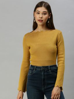 SHOWOFF - Women Choker Neck Solid Mustard Regular Top