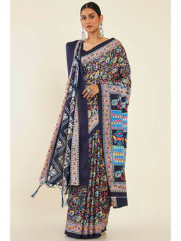 Soch - Women Navy Blue Wool Floral Saree with Unstitched