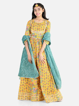 BownBee - Pure Cotton Printed Lehenga Choli Dupatta for Girls Yellow (Set of 3)