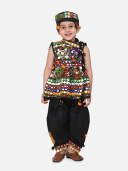 BownBee - Navratri Embroidered Kediya with Dhoti & Cap for Boys Black (Set of 3)