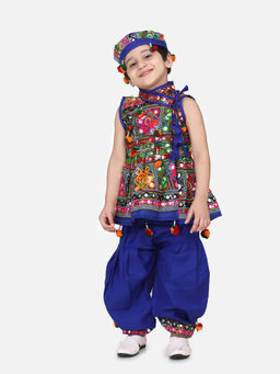 BownBee - Navratri Embroidered Kediya with Dhoti & Cap for Boys Blue (Set of 3)