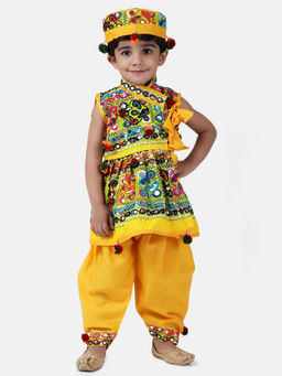 BownBee - Navratri Embroidered Kediya with Dhoti & Cap for Boys Yellow (Set of 3)