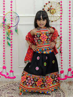 BownBee - Girls Navratri Mirror Work Chaniya Choli with Dupatta Black (Set of 3)