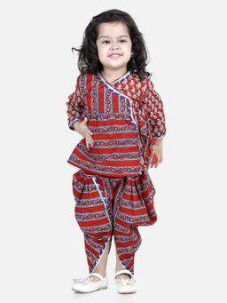 BownBee - Front Open Pure Cotton Angrakha Top with Dhoti Indo Western Red (Set of 2)