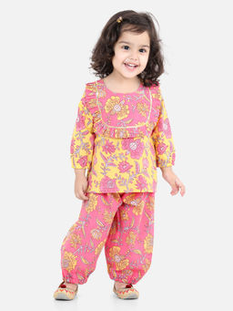 BownBee - Girls Pure Cotton Top Harem Pant Indo Western Clothing Yellow (Set of 2)