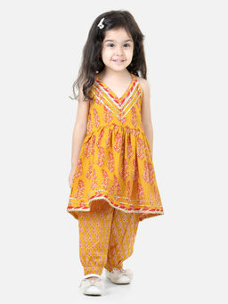 BownBee - Halter Neck Pure Cotton Kurta with Harem for Girls Yellow (Set of 2)