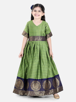 BownBee - Girls Silk South Indian Party Long Dress Green (Set of 2)