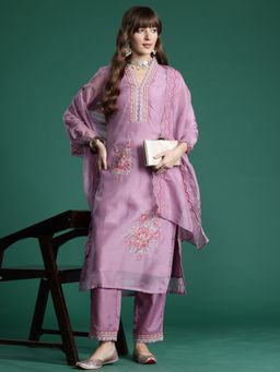 Indo Era - Purple Organza Three Fourth Sleeves Kurta With Pant & Dupatta