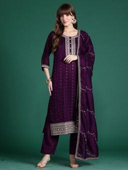 Indo Era - Purple Silk Blend Three Fourth Sleeves Kurta With Pant & Dupatta