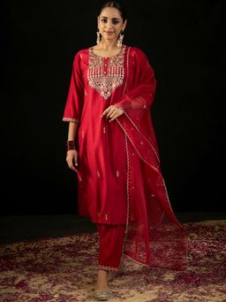 Indo Era - Red Liva Three Fourth Sleeves Kurta With Pant & Dupatta