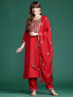 Indo Era - Red Liva Three Fourth Sleeves Kurta With Pant & Dupatta
