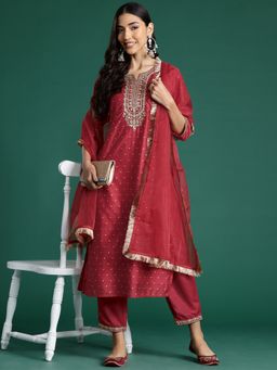 Indo Era - Red Chanderi Silk Three Fourth Sleeves Kurta With Pant & Dupatta
