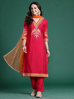 Indo Era - Pink Silk Blend Three Fourth Sleeves Kurta With Pant & Dupatta