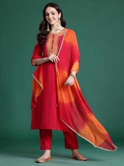 Indo Era - Pink Silk Blend Three Fourth Sleeves Kurta With Pant & Dupatta