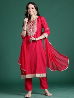 Indo Era - Pink Silk Blend Three Fourth Sleeves Kurta With Pant & Dupatta