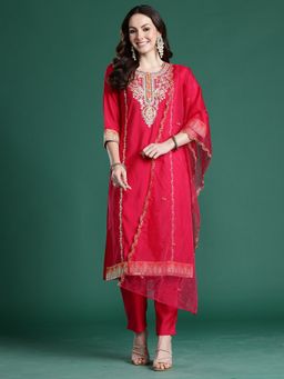 Indo Era - Pink Silk Blend Three Fourth Sleeves Kurta With Pant & Dupatta