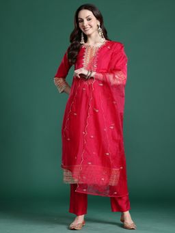 Indo Era - Pink Silk Blend Three Fourth Sleeves Kurta With Pant & Dupatta