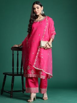 Indo Era - Pink Silk Blend Three Fourth Sleeves Kurta With Palazzo & Dupatta