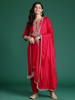 Indo Era - Pink Silk Blend Three Fourth Sleeves Kurta With Pant & Dupatta