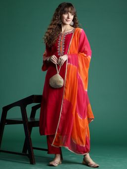 Indo Era - Pink Silk Blend Three Fourth Sleeves Kurta With Pant & Dupatta